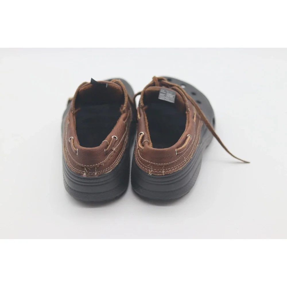 Crocs Leather Boat Shoe Clogs Brown Black Mens 6 Womens 8 Water Resistant Hybrid